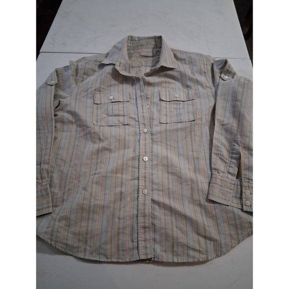 Kate Hill Tops - Kate Hill Women Blue Orange Striped Button Down Roll Tab Sleeve Shirt 14W